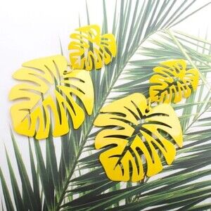 Anthro YELLOW Monstera Leaf Dangle Statement Earring Shiny Bright NEW! 1182